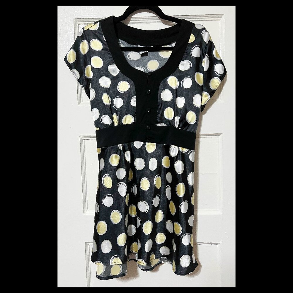 Dressbarn Womens Black Polka Dot Satin Tie Back Tunic Button Detail Top XL EUC